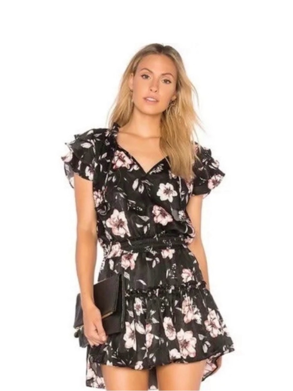 Misa Los Angeles Black Floral Mini Dress with Pink-White Blooms